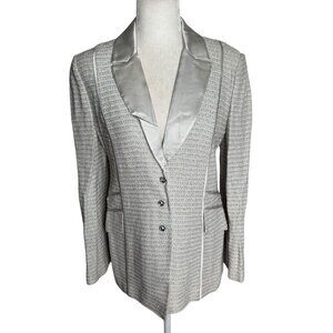 Vintage St John Evening Metallic Blazer 8 Silver Grey Satin Lapel Buttons Pocket